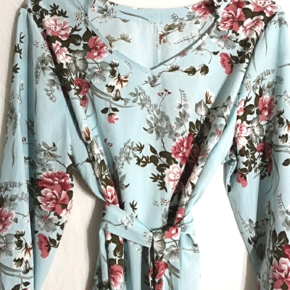 Fashion Light Blue Floral Waist Tie Long Sleeve Dress - Picture 5 of 5